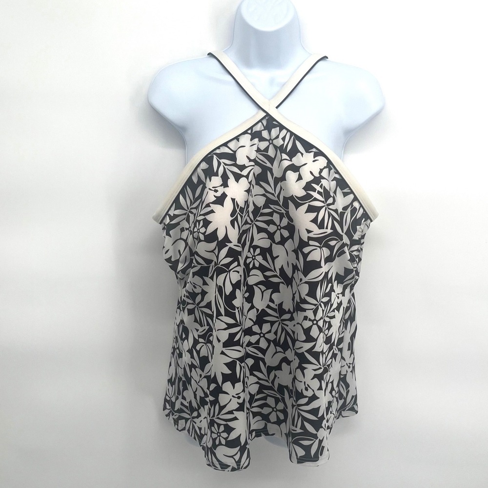 Lands End Tankini Top Womens 20W Black White Floral Halter Swimsuit Beachwear